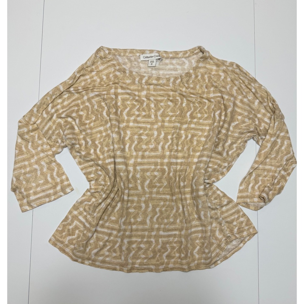 Coldwater Creek Tan White Geometric Linen Knit Top 3/4 Sleeve XL 16